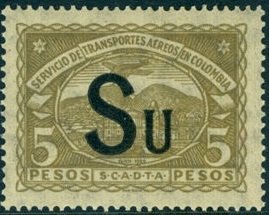 Stamp, Seaplane over Bogotá Cathedral "Su", Colombia,  , Aircraft, Churches - Cathedrals - Basilicas - Chapels