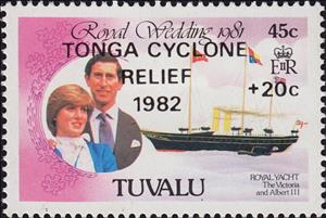 Stamp, Surcharge and Overprint for Cyclone Relief Fund, Tuvalu,  , Natural Disasters, Royalty, Ships, Weddings