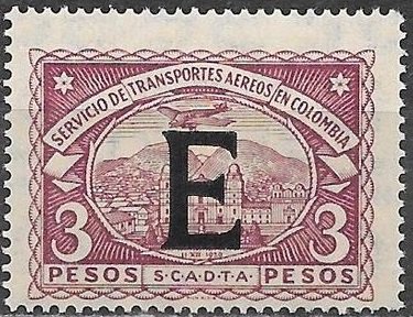 Stamp, Seaplane over Bogotá Cathedral "E", Colombia,  , Aircraft, Churches - Cathedrals - Basilicas - Chapels