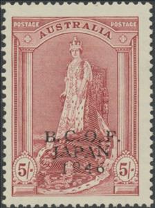 Stamp, Queen Elizabeth, overprinted B.C.O.F. JAPAN 1946, Australia,  , Crowns and Coronets, Famous People, Heads of State, Queens, Royalty, Women