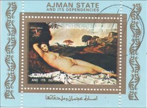 Stamp, Sleeping Venus (1510), painting by Giorgione and Titian, Ajman,  , Nudes, Paintings