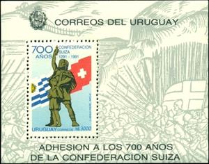 Souvenir Sheet, Wilhelm Tell with his son, flags of Switzerland and Uruguay, Uruguay,  , Flags, Legends