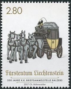 Stamp, Stagecoach, Liechtenstein,  , Animals (Fauna), Anniversaries and Jubilees, Horses, Postal Services