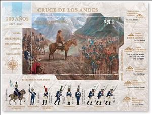 Souvenir Sheet, Bicentenary of San Martin's Crossing The Andes, Argentina,  , Battle, Horses, Independency Activists, Military Forces, Mountains, Uniforms