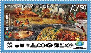 Stamp, Global goals for sustainable development - Planet, Papua New Guinea,  , Agriculture, Development Aid, Economy, Fishes, Food