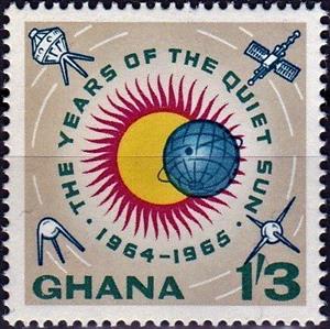 Stamp, Intl. Quiet Sun Year, Ghana,  , Globes, International Years, Satellites, Spacecrafts, Sun