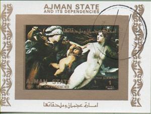 Stamp, Triumph of Chastity (1530), painting by Lorenzo Lotto, Ajman,  , Nudes, Paintings
