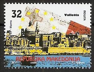 Stamp, Macedonia-EU Cooperation : View Of Valetta, Macedonia,  , Diplomacy, Flags, Townscapes / City Views