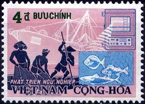 Stamp, Fisherman in the boat laying out the nets, Vietnam, South,  , Fishery, Fishing-boats
