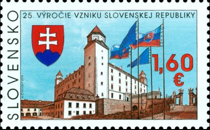 Stamp, Independent Slovakia, 25th anniversary, Slovakia,  , Anniversaries and Jubilees, Castles, Coats of Arms, Flags