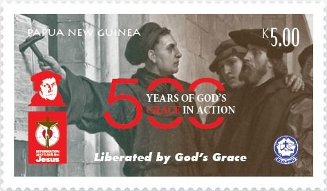 Stamp, "Luther Posting the 95 Theses", Ferdinand Pauwels (1872), Papua New Guinea,  , Anniversaries and Jubilees, Art, Famous People, Religion