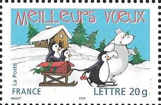 Stamp, Best Wishes - Bear is skating, France,  , Animals (Fauna), Birds, Cartoons, Christmas, Drawings, Penguins, Polar Bears, Sledges