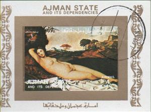 Souvenir Sheet, Sleeping Venus (1510), painting by Giorgione and Titian, Ajman,  , Nudes, Paintings