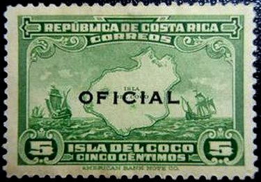 Stamp, Map of Cocos Island and Ship of Columbus, Costa Rica,  , Islands, Maps, Sailing Ships