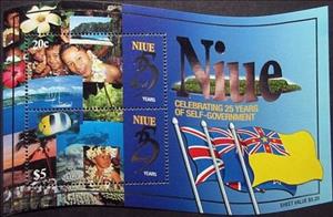 Souvenir Sheet, 25th  Anniversary Self-Government, Niue,  , Anniversaries and Jubilees, Children, Corals and Sponges, Diving (Scuba-Snorkelling), Flags, Flowers, Palm-trees, People