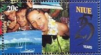Stamp, Natives and boats, Niue,  , Anniversaries and Jubilees, Flowers, Palm-trees, People, Sailing Ships