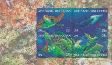 Booklet Pane, One planet one ocean, UNO New York,  , Algae, Animals (Fauna), Fishes, Reptiles, Sea Life, Sharks, Turtles