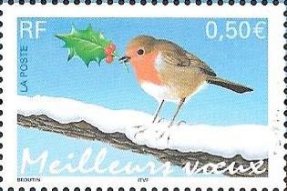 Stamp, European Robin (Erithacus rubecula), France,  , Animals (Fauna), Birds, Winter