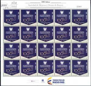 Mini Sheet, Centenary of the Bogota Improvement & Beautification Society, Colombia,  , Anniversaries and Jubilees, Buildings, Coats of Arms, Organizations