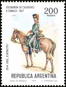 Stamp, Army Day - Hunter on Horseback (1817), Argentina,  , Animals (Fauna), Army, Heraldic Animals, Horses, Mammals, Uniforms