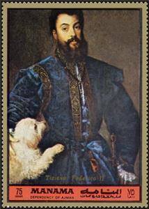 Stamp, Federico II by Tiziano, Manama,  , Kings, Painters, Paintings