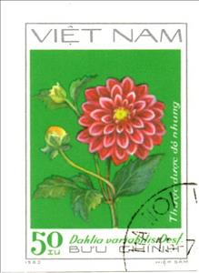 Stamp, Red decorative dahlias (Dahlia variabilis Desf.), Vietnam,  , Flowers
