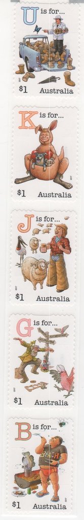 Se-tenant, Self Adhesive Strip Of 5, Australia,  , Birds, Cars, Culture, Kangaroos, Letters (Alphabet), Sheep