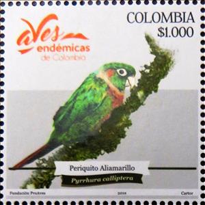 Stamp, Flame-winged parakeet, Colombia,  , Animals (Fauna), Birds, Parrots