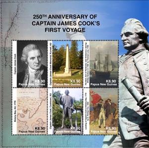 Mini Sheet, 250th Anniversary of Capt. Cook's First Voyage (1), Papua New Guinea,  , Explorers, Maps, Monuments, Sailing Ships