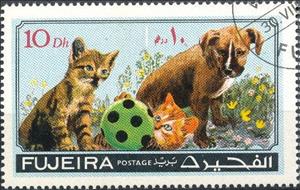 Stamp, Two Cats and a Dog Playing with a Ball, Fujairah (Fujeira),  , Cats, Dogs