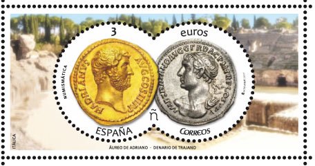 Stamp, Áureo de Adriano y Denario de Trajano, Spain,  , Coins, Numismatics