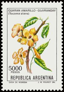 Stamp, Guaran Amarillo - Guaranday (Tecoma stans), Argentina,  , Flowers, Plants (Flora)