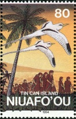 Stamp, Fleeing inhabitants & White-tailed Tropicbirds, Niuafo'ou,  , Birds, People