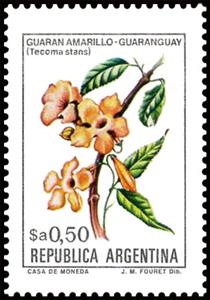 Stamp, Guaran amarillo (Tecoma stans), Argentina,  , Flowers, Plants (Flora)