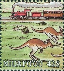 Stamp, Fleeing cangaroos & train, Niuafo'ou,  , Kangaroos, Locomotives, Railways