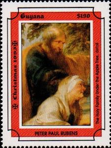 Stamp, "The Holy Family under the Apple Tree" Rubens, Guyana,  , Christmas, Paintings