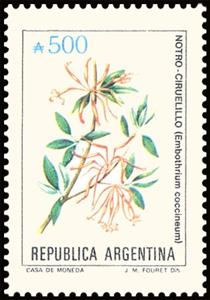 Stamp, Notro-Ciruelillo (Embothrium coccineum), Argentina,  , Flowers, Plants (Flora)