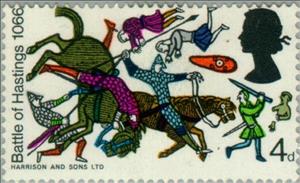 Stamp, Battle Scene from the Bayeux Tapestry II, United Kingdom of Great Britain & Northern Ireland,  , Animals (Fauna), Anniversaries and Jubilees, Commemoration, Horses, Mammals, Textile, Weapons