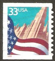 Stamp, Flag over city, United States of America,  , Buildings, Flags