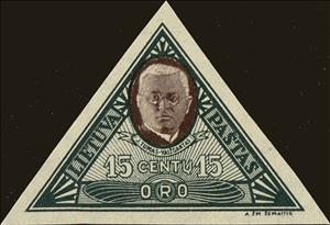 Stamp, Writer and priest Jouzas Tumas-Vaizgantas, Lithuania,  , Authors, Famous People, Literary People (Poets and Writers), Literature, Men, Triangle Stamps