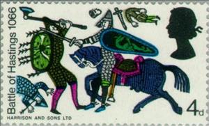 Stamp, Battle Scenes from the Bayeux Tapestry IV, United Kingdom of Great Britain & Northern Ireland,  , Animals (Fauna), Anniversaries and Jubilees, Commemoration, Horses, Mammals, Textile, Weapons