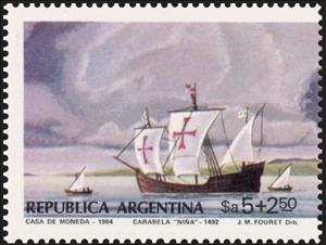 Stamp, Spain 84 & Argentina 85 - Caravel "Niña", Argentina,  , Philatelic Exhibitions, Sailing Ships, Ships