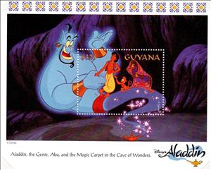 Souvenir Sheet, Aladdin, Genie, Abu and magic carpet, Guyana,  , Cartoons, Comics, Disney