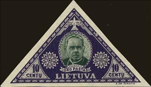 Stamp, Poet and priest Jonas Maciulis-Maironis, Lithuania,  , Authors, Famous People, Literary People (Poets and Writers), Literature, Men, Triangle Stamps