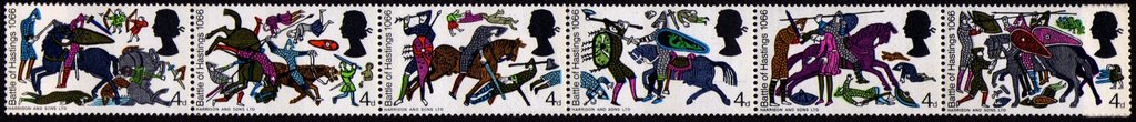 Se-tenant, Battle Scenes from the Bayeux Tapestry (Phosphor), United Kingdom of Great Britain & Northern Ireland,  , Commemoration, Horses, Mammals, Textile, Weapons