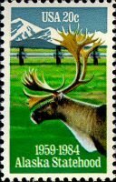 Stamp, Caribou (Rangifer tarandus caribou) and Pipeline, United States of America,  , Animals (Fauna)