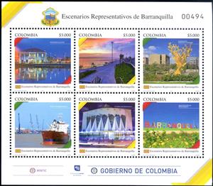 Mini Sheet, Representative Scenarios of Barranquilla, Colombia,  , Churches - Cathedrals - Basilicas - Chapels, Coastal Areas, Landscapes, Monuments, Ports, Rivers, Sunsets / Sunrises, Townscapes / City Views