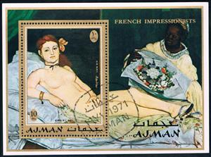 Souvenir Sheet, Olympia, by Edouard Manet, Ajman,  , Nudes, Paintings