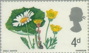 Stamp, Ox-eye Daisy, Coltsfoot and Buttercup (phosphor), United Kingdom of Great Britain & Northern Ireland,  , Flowers, Plants (Flora)