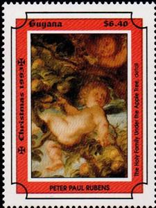 Stamp, "The Holy Family under the Apple Tree" Rubens, Guyana,  , Christmas, Paintings